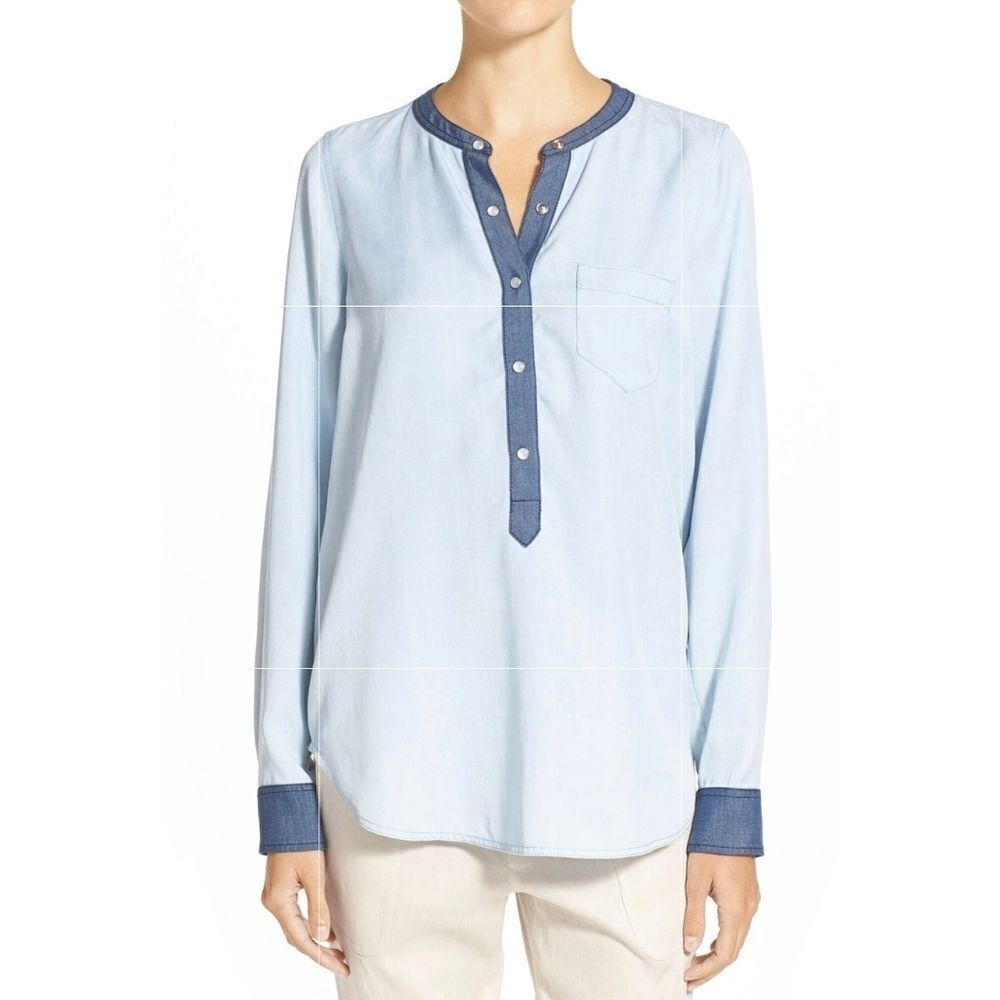 🔥NWT Vince Blue Buttoned Mandarin Collared Long Sleeve Top Small